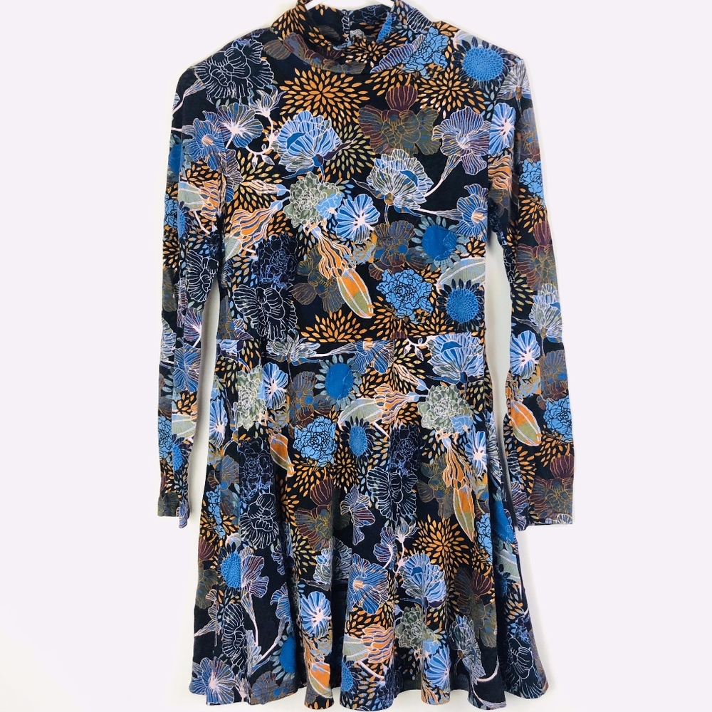 H&M FLORAL JERSEY DRESS NAVY BLUE